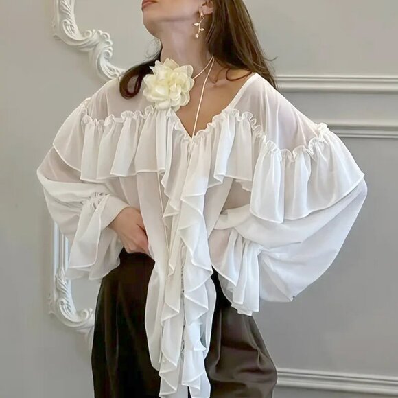 NEW! BOHO MULTI LAYER RUFFLE CHIFFON FLOWY BLOUSE - Picture 1 of 6